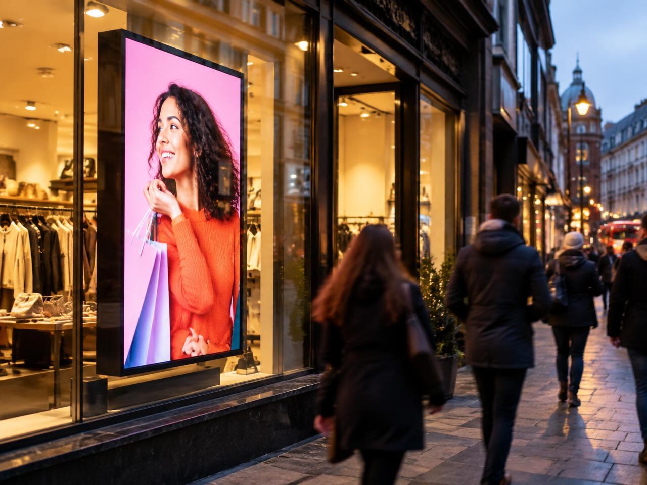 Digital advertising screen in a shop window at dusk