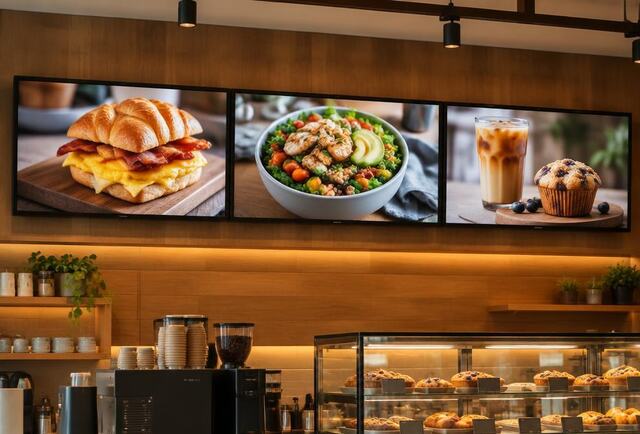 Three digital menu board screens above a café counter