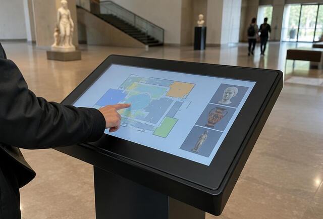 Visitor using an interactive touchscreen map kiosk in a museum foyer